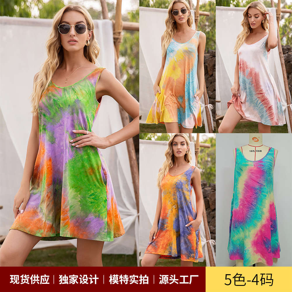 

Summer women's sleeveless round neck pocket tie dye printed vest suspender dress, Black;gray