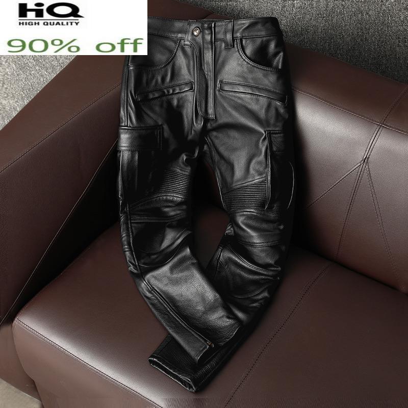 

Men's Pants 100% Genuine Leather Men Cowhide Trousers Motorcycle Plus Size 5xl Autumn Winter 2022 Pantalon Cuir Homme LW, Black