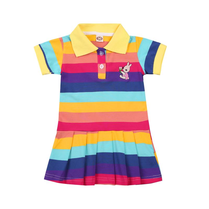

Girls Rainbow Stripe Pattern Dress, Short Sleeve Colorful Lapel Collar Pleated Dress, Dark Blue/ Purple