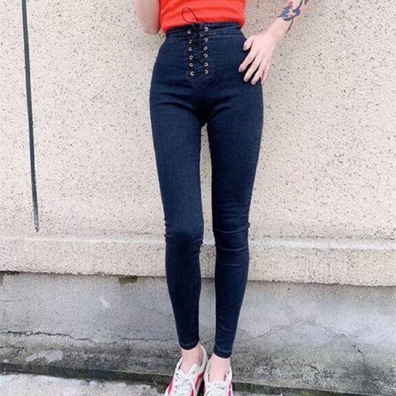 

Arrivals Woman Autumn High Waist Ladies Jeans Double-breasted Blue Black Solid Street Denim Skinny Pencil Pants Women's