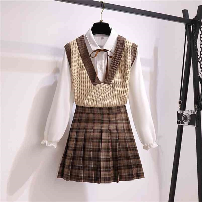 

autumn casual three pices set sweater vest+ long sleeve white blouse+ A line Plaid mini skirt student style sweet suits 210603
