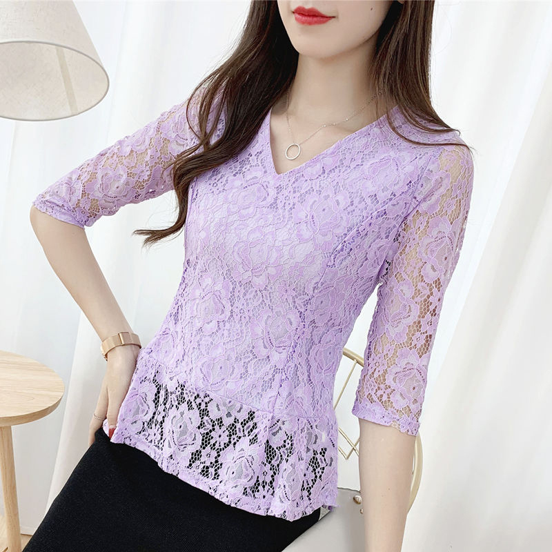 Women Spring Summer Style Lace Blouses Shirts Lady Casual Short Sleeve V-Neck Lace Blusas Tops ZZ0599 210225Z