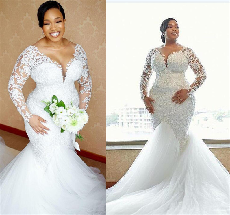 

2021 Plus Size Lace Wedding Dresses Arabic Aso Ebi Long Sleeves Bridal Gowns Sheer Neck Zip Back Sweep Train Plus Size Marriage Dress, Ivory
