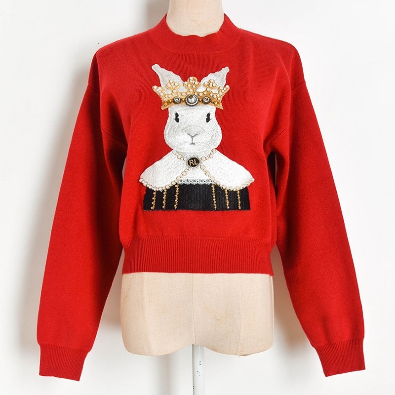 

women's sweaters winter new embroidery patch crown rabbit short knitted sweater pullover for fall rjp6, White;black