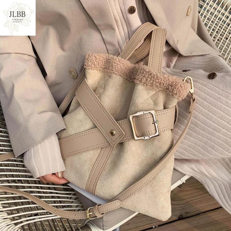 

Lambswool Contrast Color Tote Bucket Bag Matte Pu Leather Women's Design Handbag Fashion Shoulder Messenger Bag Composited Bags, Beige
