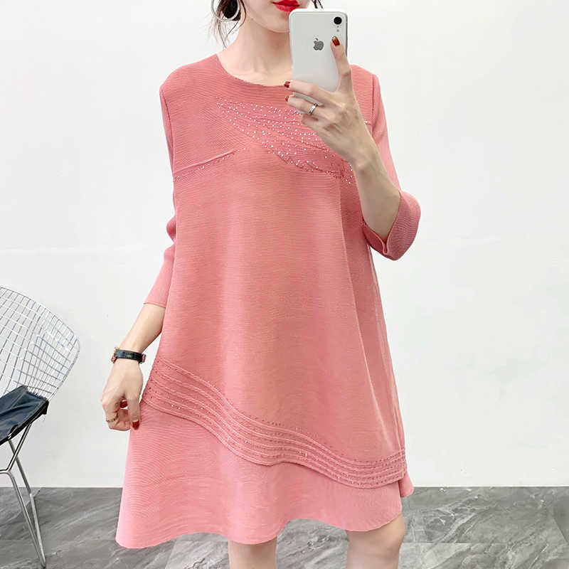 

Spring National Style Round Neck Solid Color Women's Dress Printed with Diamond Long Women Plus Size 210615, Pink