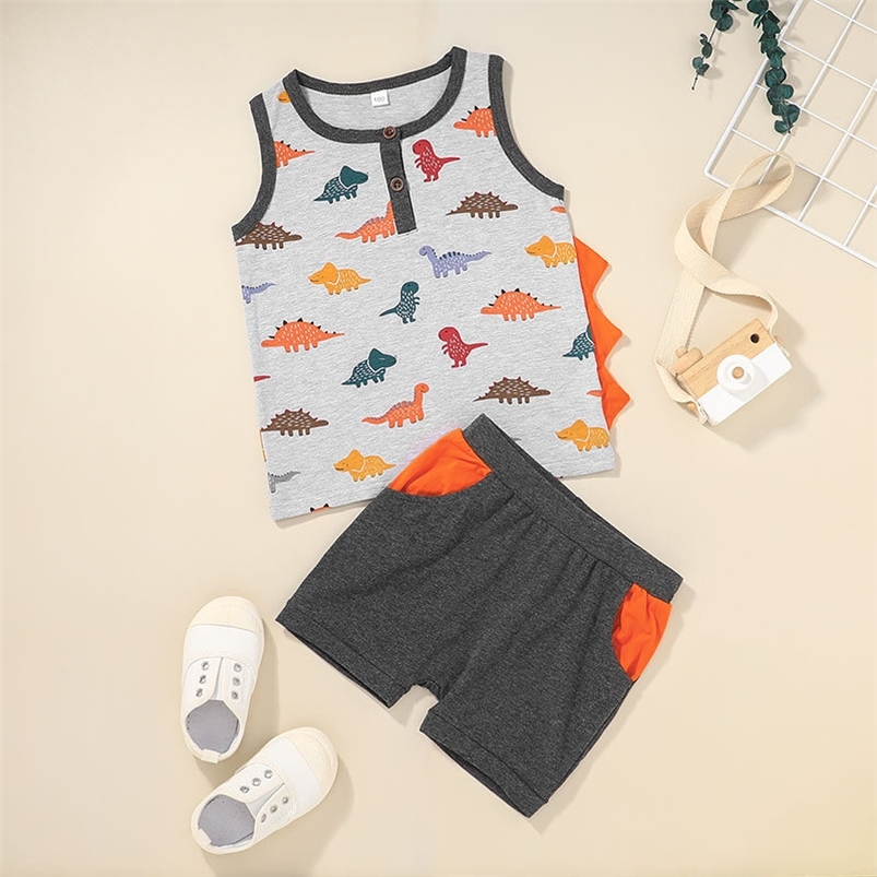 

Summer Children Sets Casual Sleeveless O Neck Print Cartoon Dinosaur Tops Patchwork Gray Shorts 2Pcs Girl Boys Clothes 210629