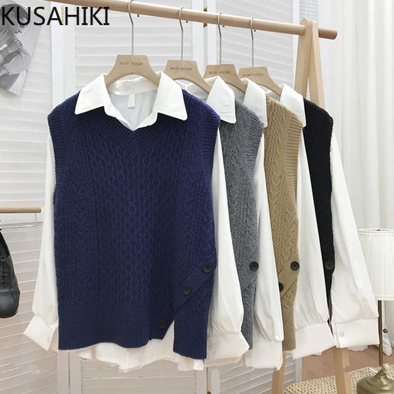 

KUSAHIKI Causal Korean Women Two Pieces Suits Buttons Knitted Vests + Long Sleeve Turn-down Collar Blouse Shirt 6E554 210602, Black vest
