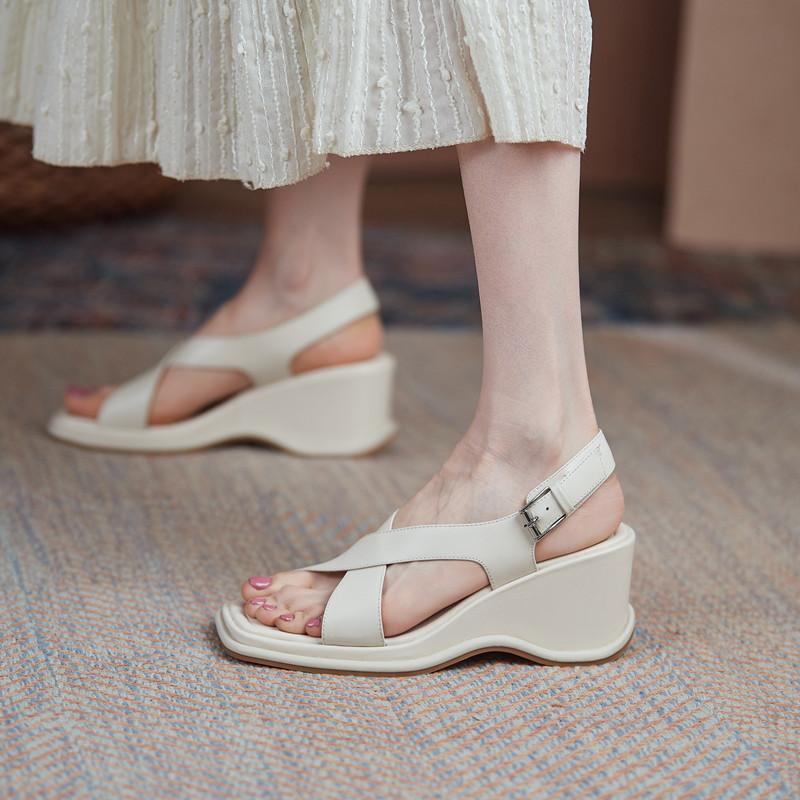 

Dress Shoes Modern Wedges Women Sandals Platform Zapatillas Mujer Cross Tied Buckle Strap Roman Ladies Summer, White