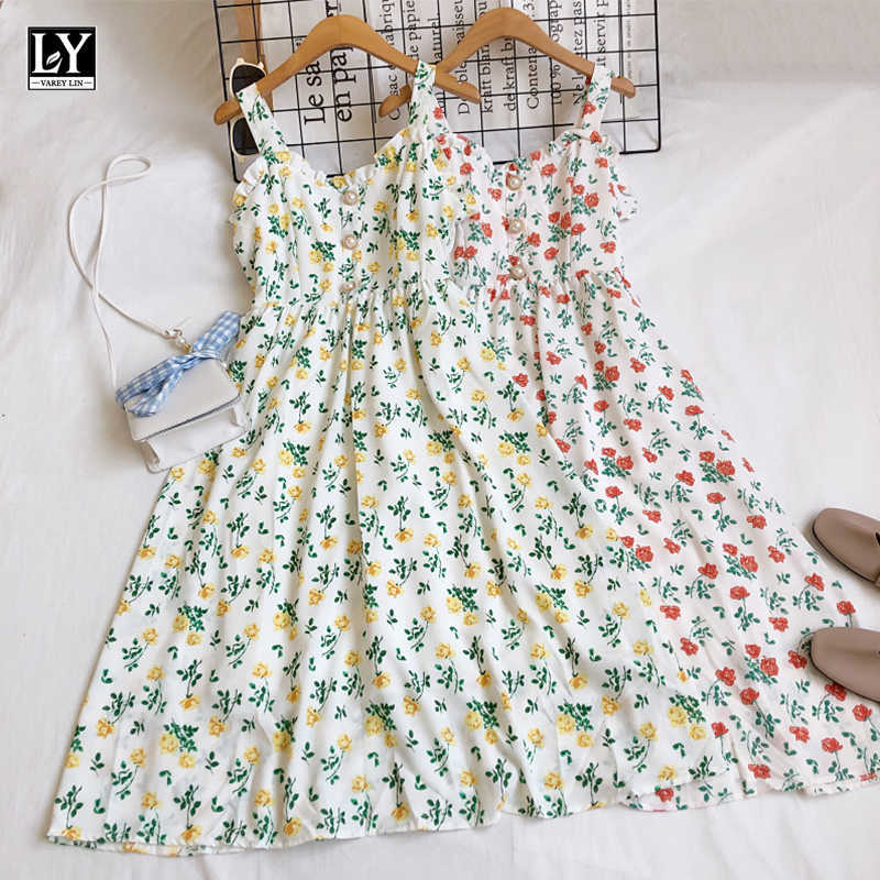 

LY VAREY LIN Summer Women Casual Edible Tree Fungus Buttons Chiffon Medium Long Dress Sweet V-neck Flora High Waist Slip Dresses 210526, Orange
