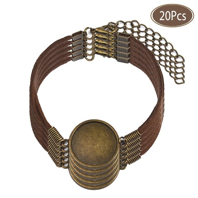 

20Pcs/Lot Semi Finished Leather Bracelet with Blank Connector Setting 20mm Flat Round Cabochon Base Jewelry Making DIY Component, Blue;slivery