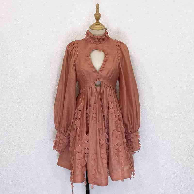 

Runway Dresses brand heavy Chao industry coral pink dress original piece sewn bead decoration hollow waist closing wave sleeve Mini Dress 3M4W, Orange