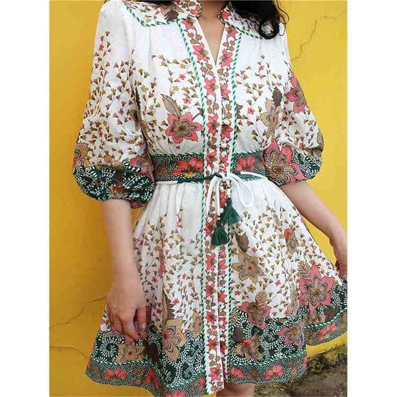 

Boho Printed Woman Dress V-neck lantern sleeve autumn winter single-breasted vintage dress female vestido casualdesign 210603, Gray