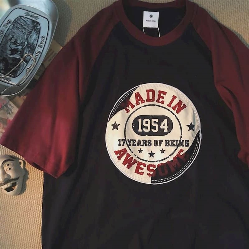 

Pure cotton short-sleeved American retro raglan contrast T-shirt for men women Hong Kong style Harajuku upper clothes 210708, Gray