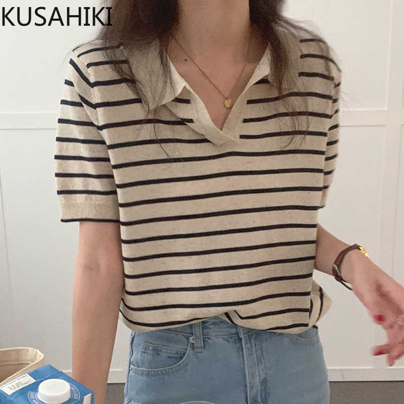 

KUSAHIKI Chic Hit Color Striped Pullover Knitwear Knitted Tops Causal Short Sleeve Turn-down Collar Woman Sweater 6H536 210602, Apricot
