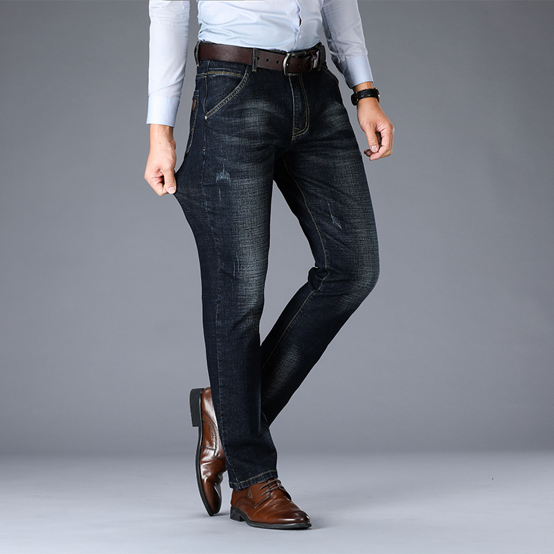 

2021 Men Autumn Winter Men's New Regular Fit Business Casual Jeans Stretch Thick Denim Soft Pants Trousers Size 29- 0fv8, Black
