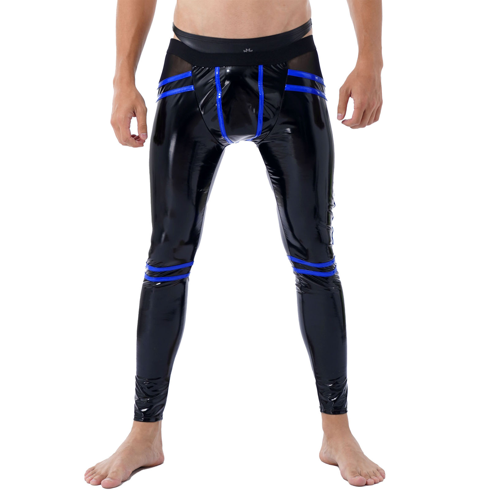 

Men Open Back Stripe Leather Leggings Pole Dance Low Rise Elastic Exotic Apparel Skinny Pants Night Club Performance Trousers, Black