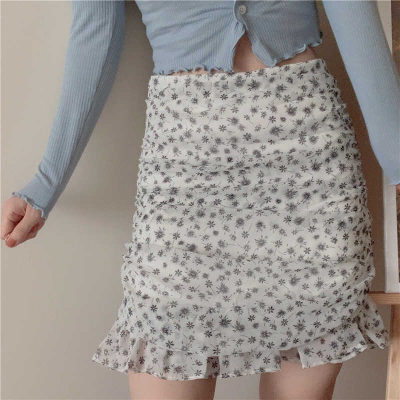 

WOMENGAGA Summer Floral Skirt Women' High Waist A-line  Thin Fashion Slim Hip Chiffon Fishtail Korean 5JTV 210603, Black