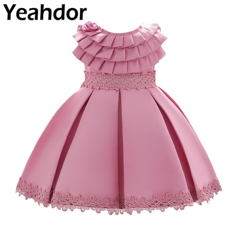 

Girl's Dresses Flower Satin Wedding Dress Sleeveless Layers Ruffled Embroidered Lace Girl Kids Baby Christening Gown, Red;yellow