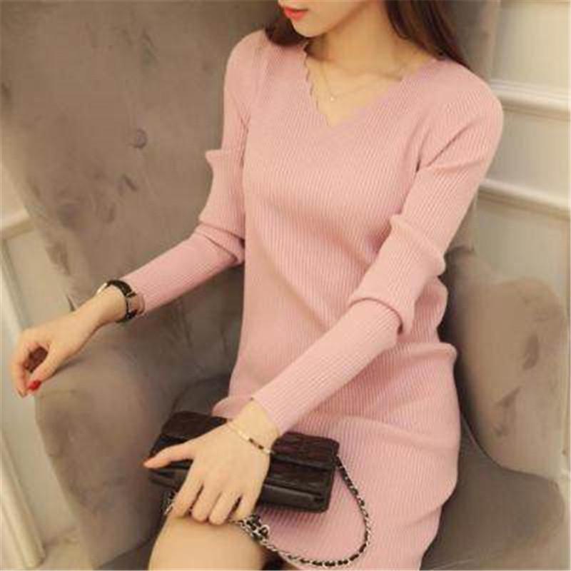 

Party Dresses Women Sexy Sweater Dress Autumn Winter Fashion V Neck Bodycon Basic Mini Solid Color Knitted Pullover Maxi ZY2781, White;black