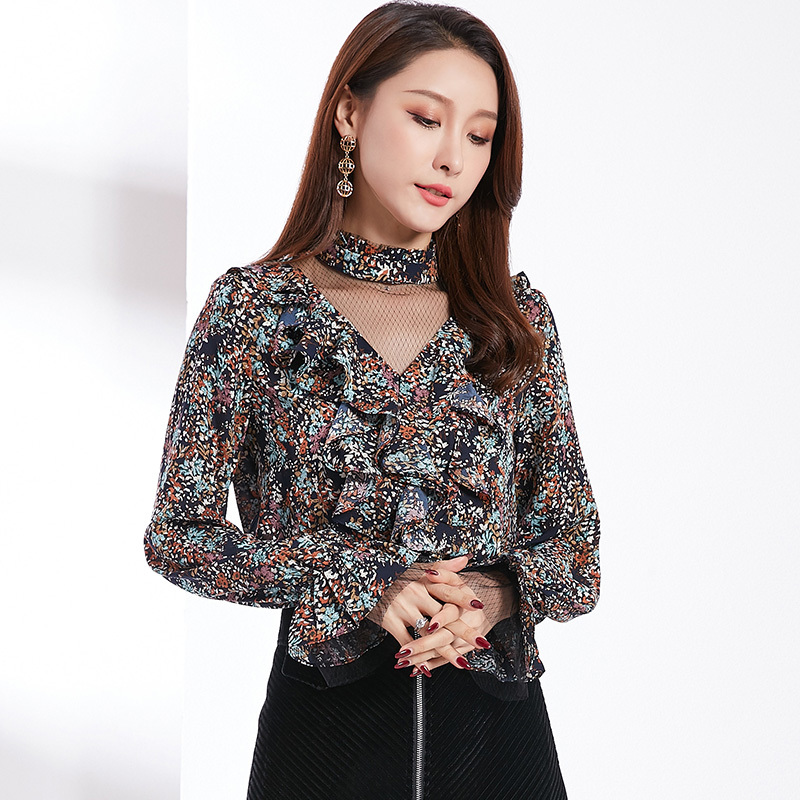 

2021 New Primavera Retro Costura Feminina Pequena Malha Floral Babados Trompete Manga Chiffon Camisas Menina Marca Camisa Senhora 2qti, Dark blue