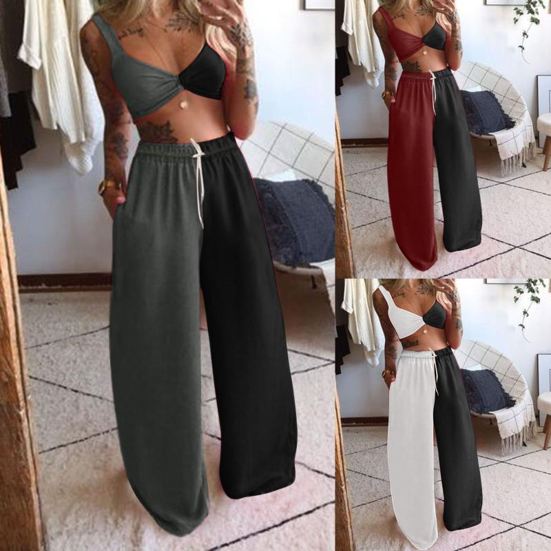 

Women' Two Piece Pants Suit Summer 2021 Two-piece Solid Color Sewing Fashion Sleeveless Sling Top + 2-piece Set