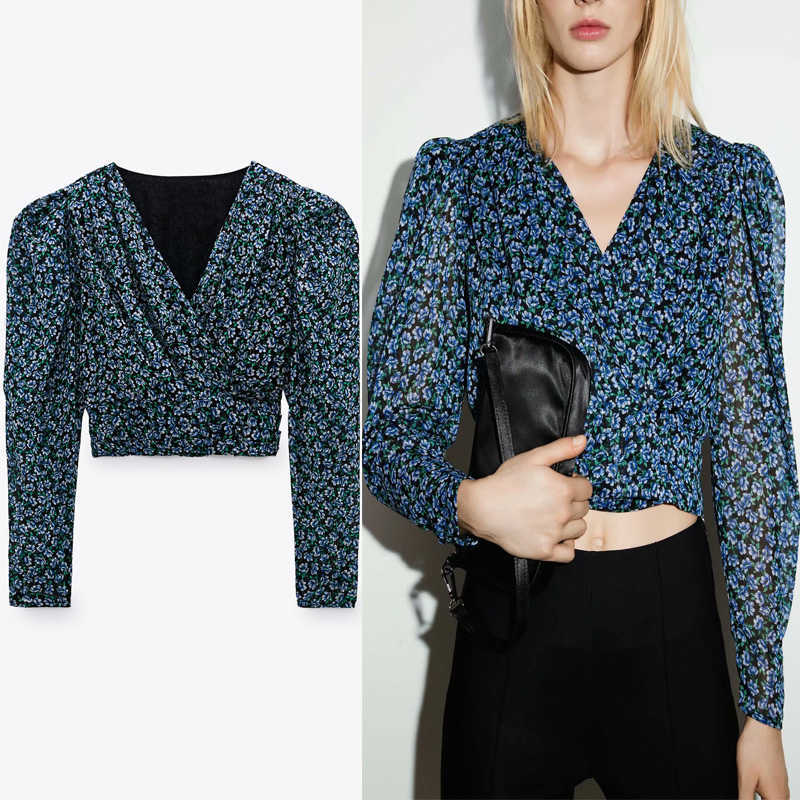 

Za Floral Print Crop Blouse Women Long Sleeve V-neck Wrap Top Female Vintage Smocked Front Button Fashion Short Shirt 210602, As picture