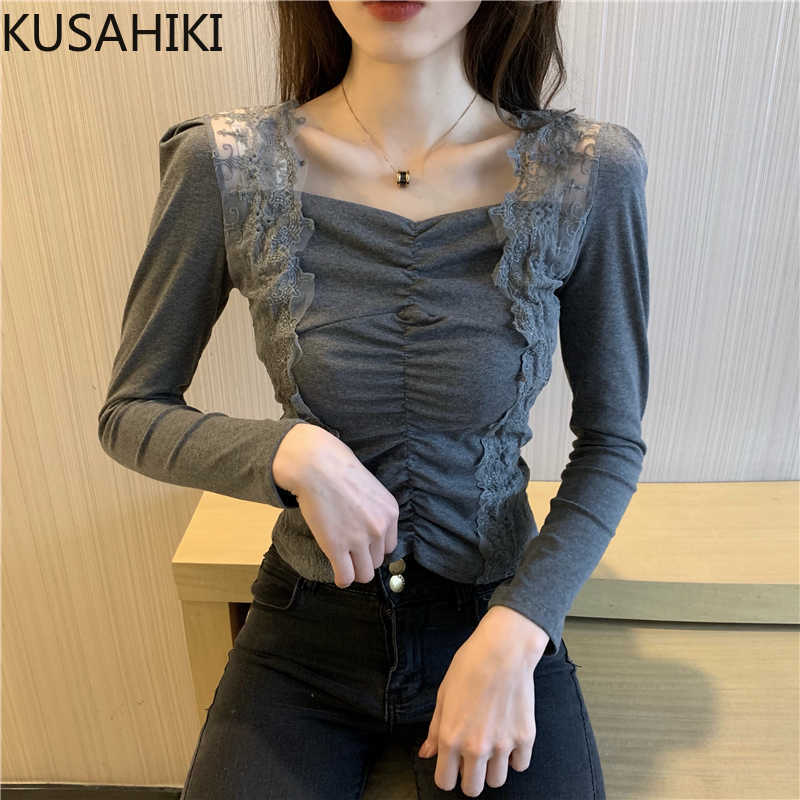 

Korean Lace Patchwork Square Collar Graphic T Shirts Long Sleeve Slim Basic Tee Tops Spring Women Tshirt 6E840 210603, Gray