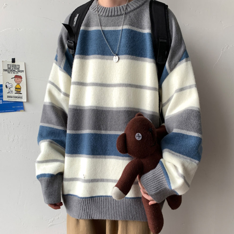 

2021 New Striped Sweater Men's Warm Fashion Casual O-neck Knitted Pullover Men Wild Loose Korean Winter Knitting Sweaters Mens Clothes I98v, Gray