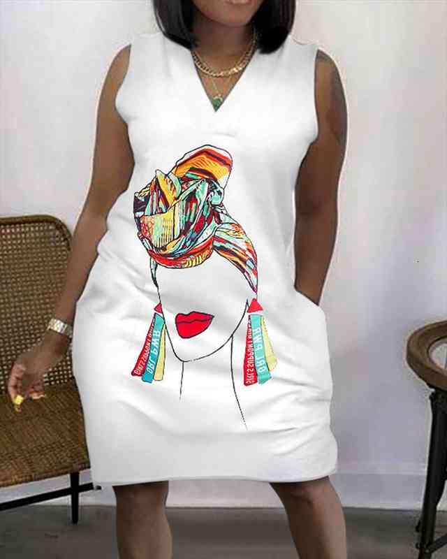 

Summer 3d Degital Print Casual Loose Mini Elegant Beach Holiday Women Sleeveless V-neck Tank Short Dress, Black;gray