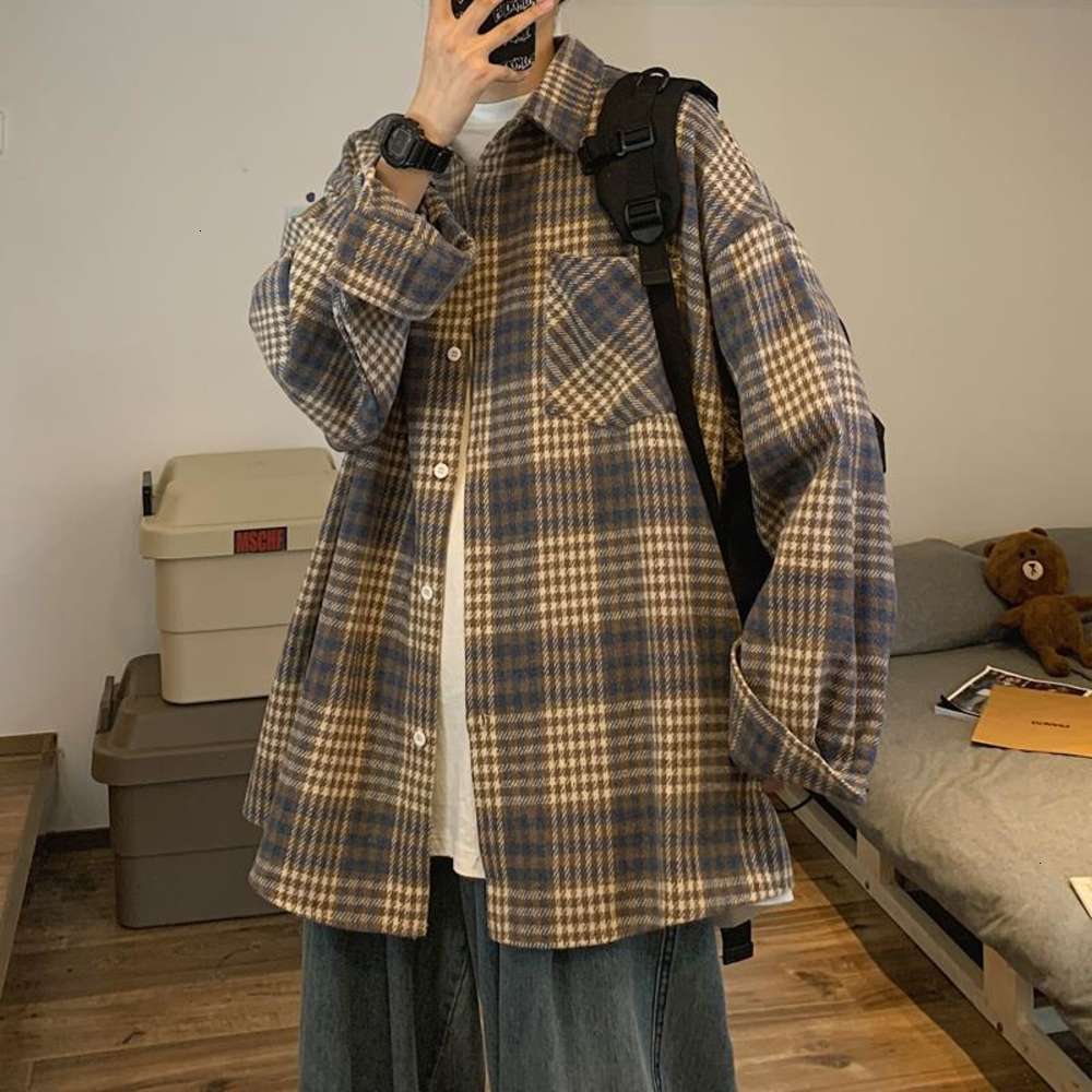 

Style wear frosted plaid shirt, men's long sleeve warm winter with fold on bottom shirt, White;black