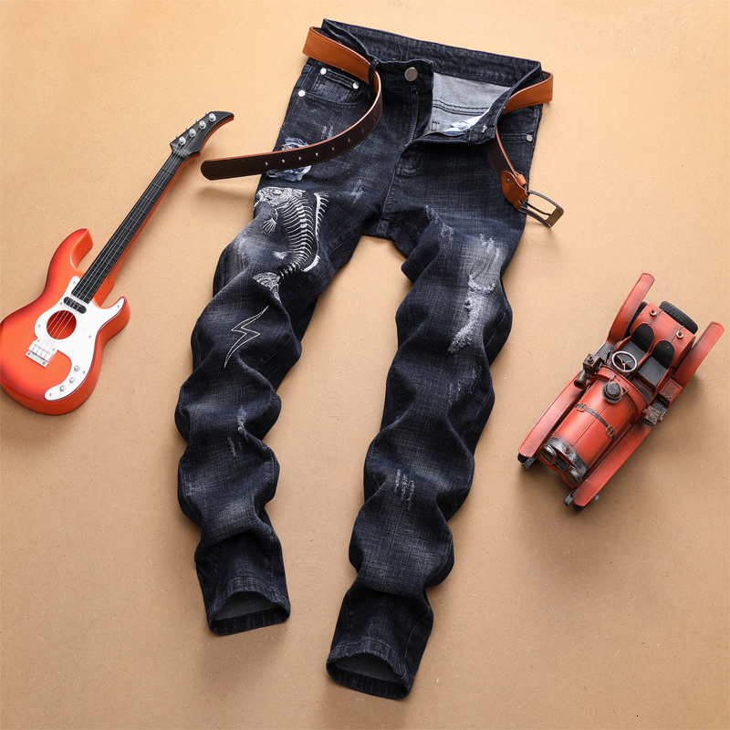 

2021 Ny Men Embroidered New Elastic Fitness Korean Straight Cylinder Brand Plus Size Slim Full Length Patchwork 79nk, Black
