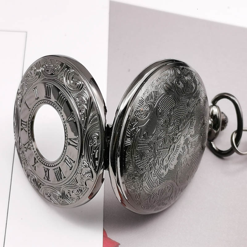 

Antique Steampunk Charm Black Quartz Necklace Pocket Watch Hollow Vintage Fob Clock With Chain Pendants Women Men Gifts, Slivery;golden