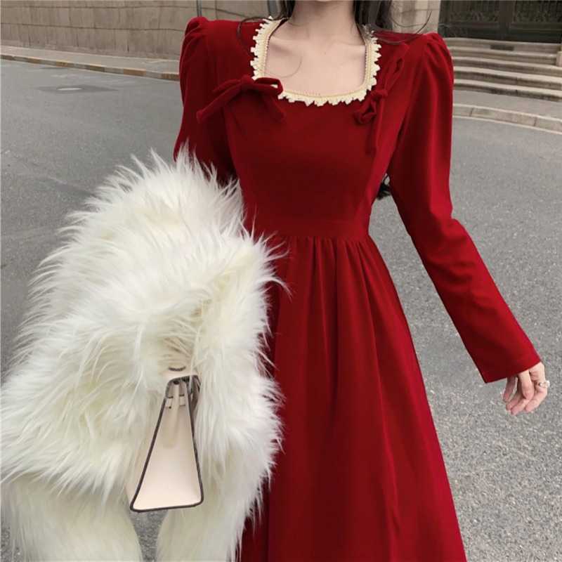

Spring , French Festival, Korean fashion long sleeve dress, square neckline and bow 210602, Rojo