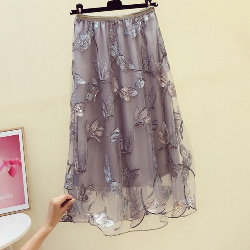 

Skirts Butterfly Embroidery Women 2021 Summer High Waist A-Line Mesh Knee-Length Office Lady Elegant Top Quality, See chart