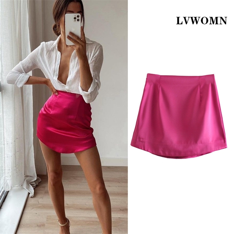 

LVWOMN Za Women Skirts Summer Fashion Silk Satin High-Waisted Woman Sexy Party Bag Hip Side zipper Mini Female 210630, Rose red