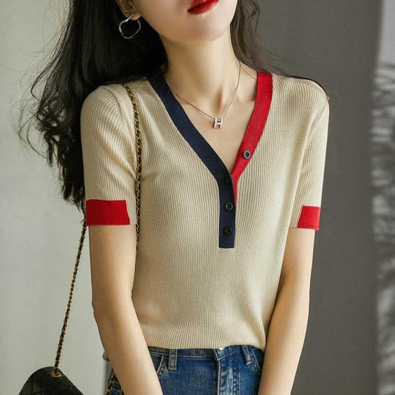 

Oversized basic v-neck Butt Summer Sweater Pullover Women Female Knitted sweater slim short sleeve badycon sweater 210604, Beige