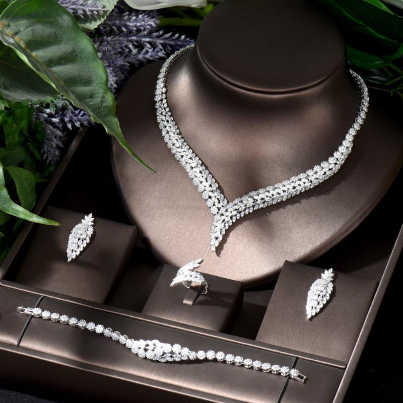 

Earrings & Necklace HIBRIDE Big Statement Jewelry Set For Women Wedding Cubic Zircon Earring African Dubai Bridal Accessories N1168, Silver