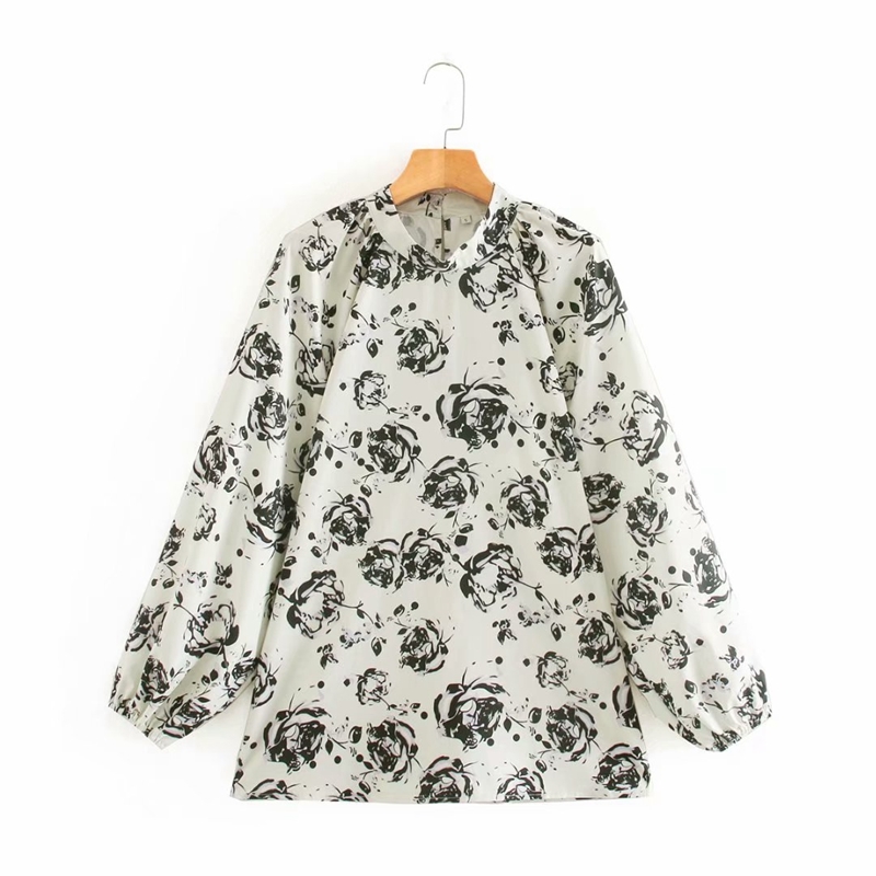 

Women Spring Pullover Shirts Floral Puff Sleeve Blouse Vintage Printed Elegant Tops Office Lady Shirt NX9881 210525, Beige