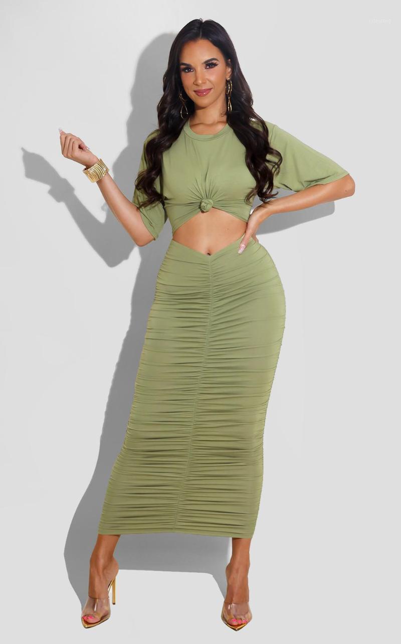 

Casual Dresses RMSFE 2021 Women' Short Sleeve Round Neck Fashion Slim Pleated Solid Open Navel Dress, Green