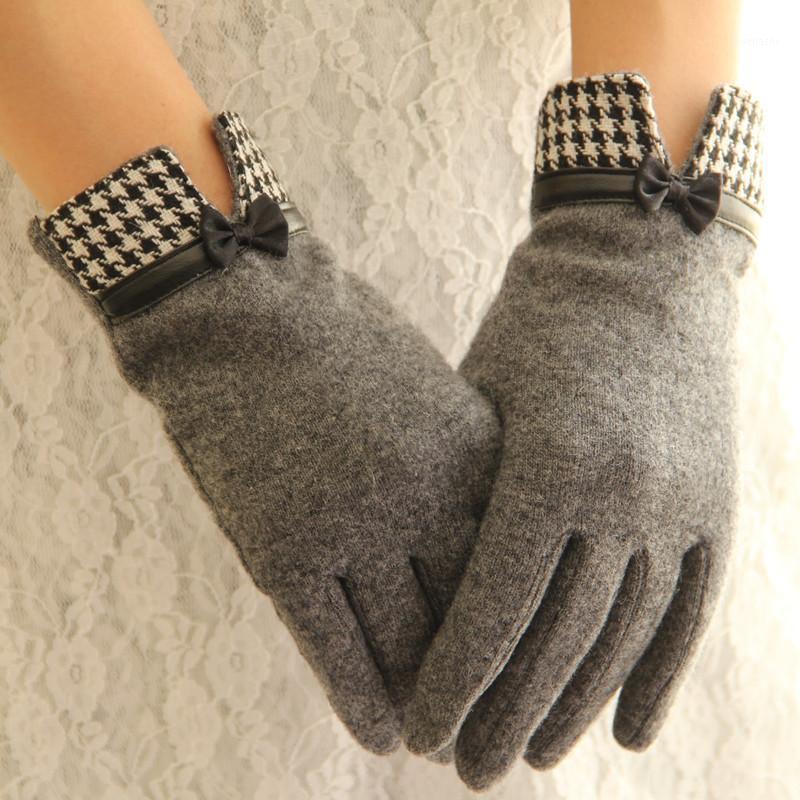 

Five Fingers Gloves Women's Split Houndstooth Bow Autumn And Winter Thin Warm Cashmere Wool Finger Touch Screen