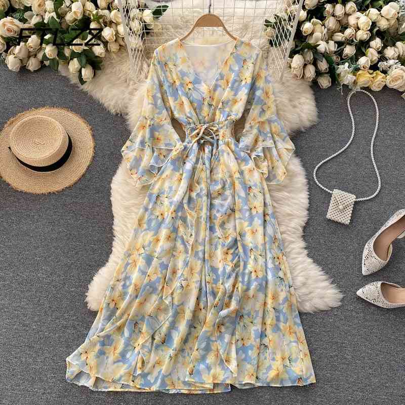 

Summer Boho Bandage Dress Women Sexy V-neck Lace Floral Printing Beach Dresses Ladies Elegant Chiffon Long Robe 210602, Blach pink