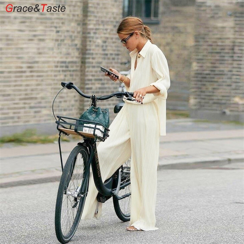 

Stylish Woman Suit Loose Long Sleeve Pleated Shirt Temperamental Design Blouse Shirt Wide Leg Pendant Pants Casual High Waist 210315, Top2