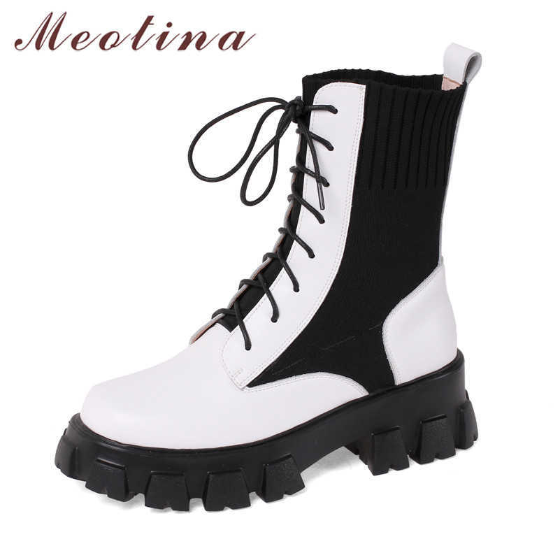 

Meotina Real Leather Motorcycle Boots Women Shoes Lace Up Chunky Heels Mid Calf Boots Platform High Heel Female Boots White 39 210608, White synthetic lin