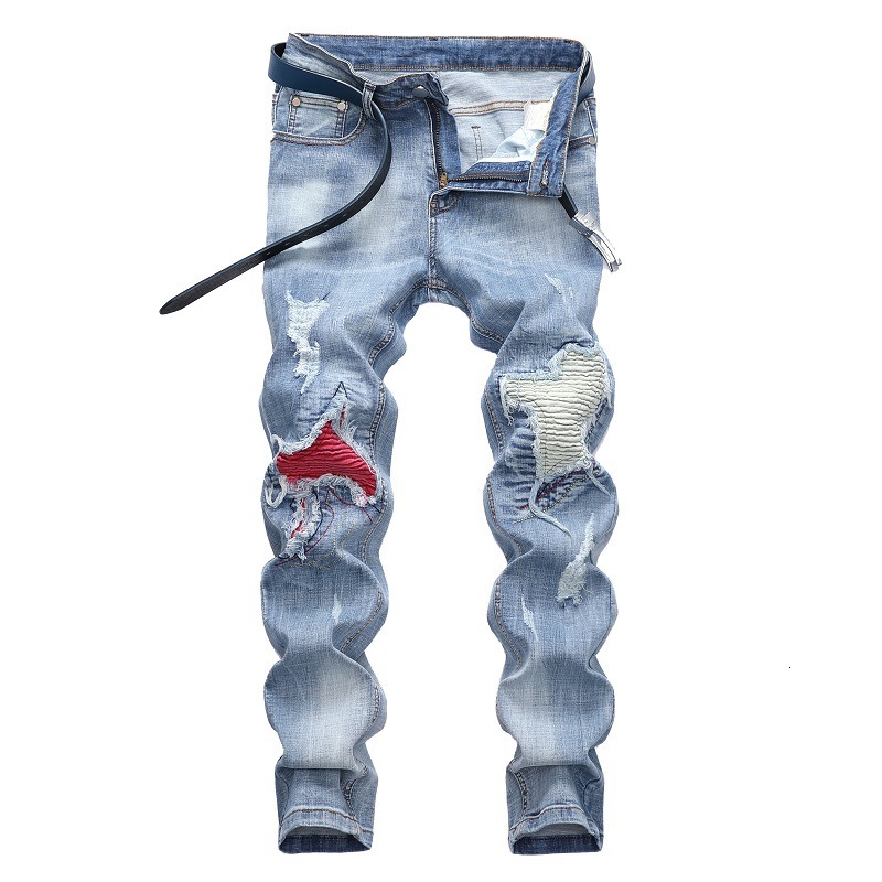 

2021 New Autumn Spring Men's Ripped Street Hip Hop Punk Stretch Bike Jeans Trendy Holes Straight Denim Trouers Mxkz, 9703 no belt