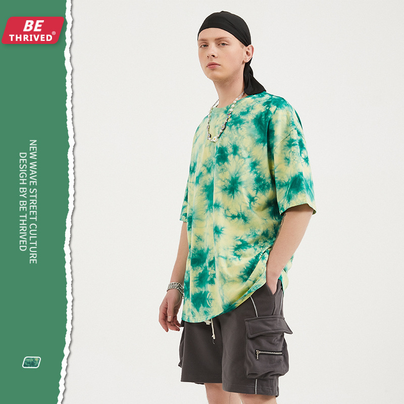 

be men's clothing | 2021 summer new irregular fort green tie dye short sve niche fashion high street fashion brand t-shirt men, White;black