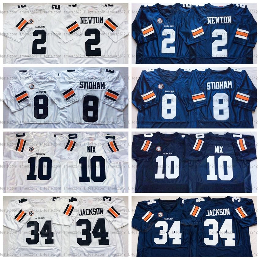 

College Football Auburn Tigers Jersey 34 Bo Jackson 10 Nix 8 Jarrett Stidham 2 Cam Newton Sttiched White Blue Top Quality Shirts, As shown