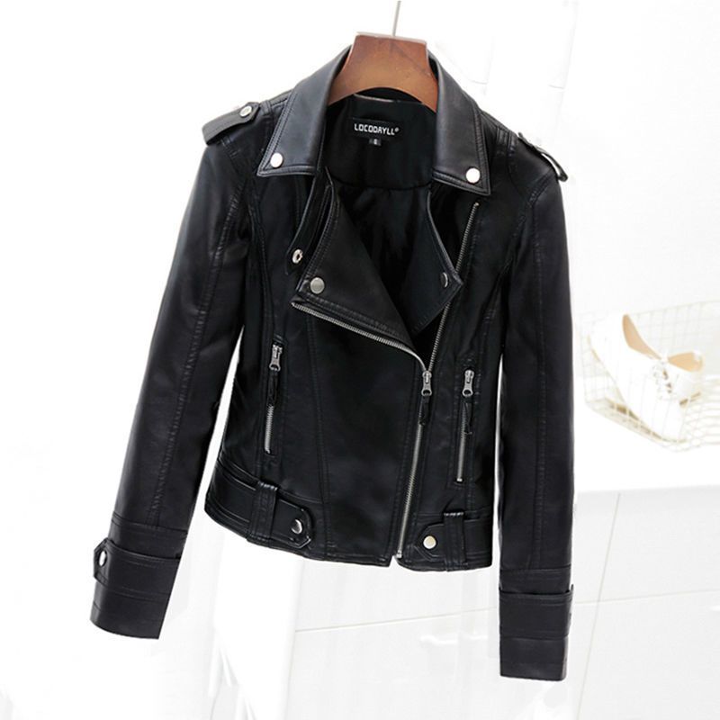 

women's leather & faux jacket woman autumn winter stand-up collar solid short coat women wild korean fashion street zipper casual-, Black
