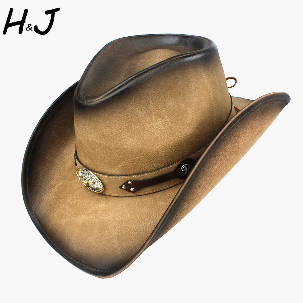 

100% Leather Western Cowboy Hat for Men Fedora Hat Gentleman Dad Sombrero Hombre Jazz Caps Size 58-59cm Drop Shipping Q0805, Khaki