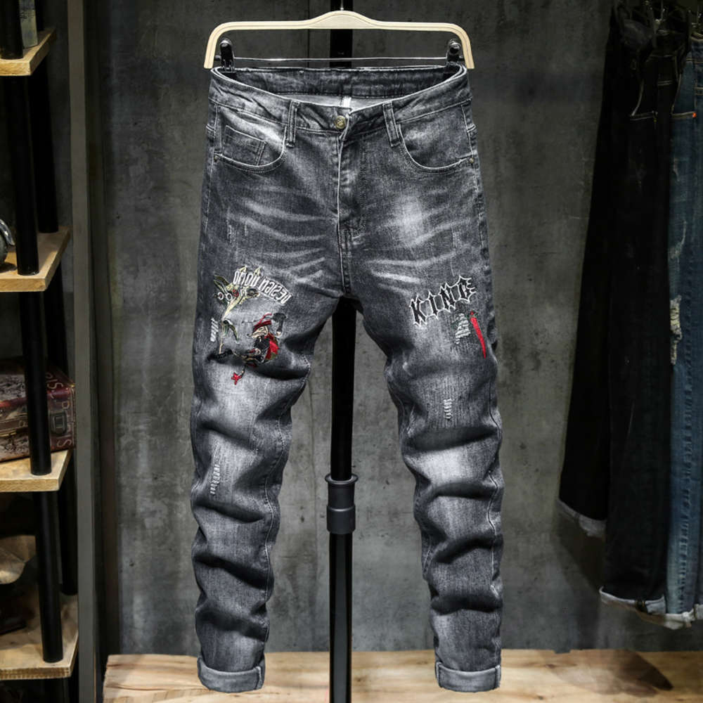 

China fashion brand embroidered jeans men's autumn hole slim trend versatile casual elastic leg pants, Blue